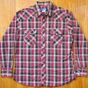 Vintage Wrangler Pearl Snap Western Shirt Men's Size L Red Plaid Cotton Blend